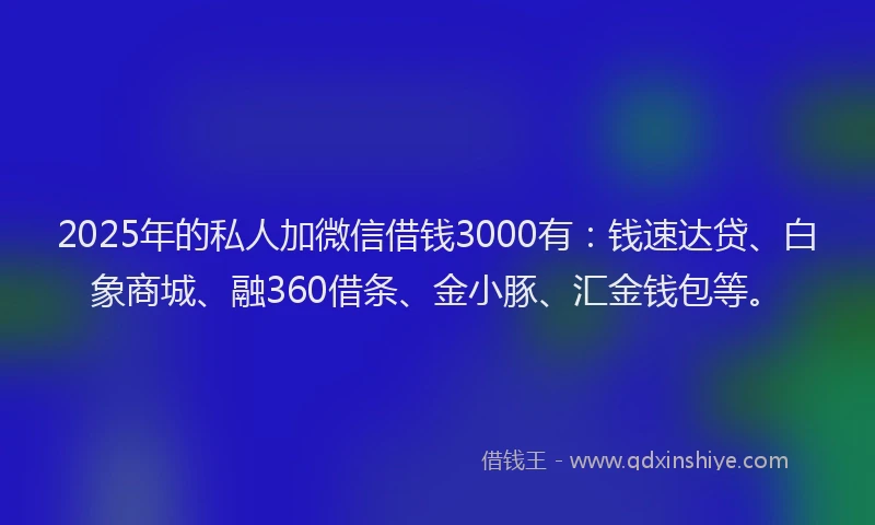 2025年的私人加微信借钱3000有：钱速达贷、白象商城、融360借条、金小豚、汇金钱包等。