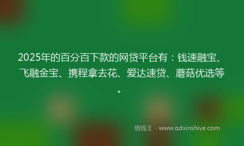 2025年的百分百下款的网贷平台有：钱速融宝、飞融金宝、携程拿去花、爱达速贷、蘑菇优选等。