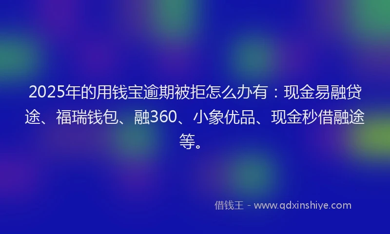 2025年的用钱宝逾期被拒怎么办有：现金易融贷途、福瑞钱包、融360、小象优品、现金秒借融途等。