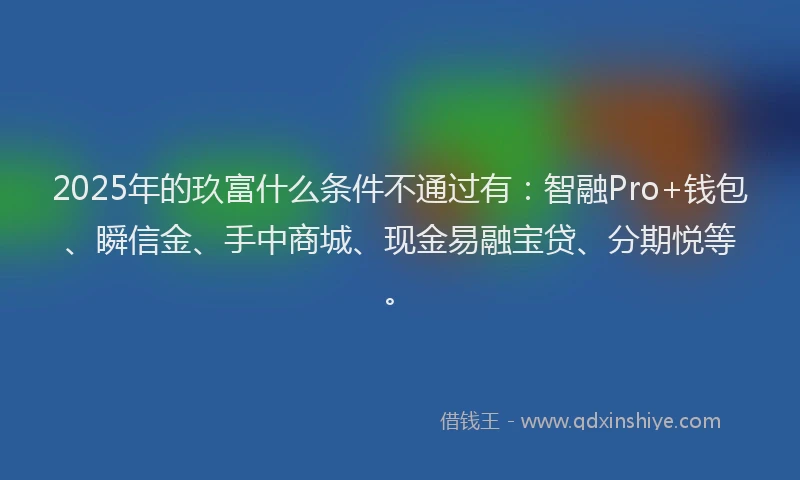 2025年的玖富什么条件不通过有：智融Pro+钱包、瞬信金、手中商城、现金易融宝贷、分期悦等。