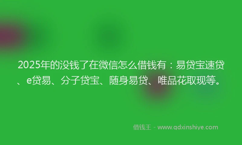 2025年的没钱了在微信怎么借钱有：易贷宝速贷、e贷易、分子贷宝、随身易贷、唯品花取现等。