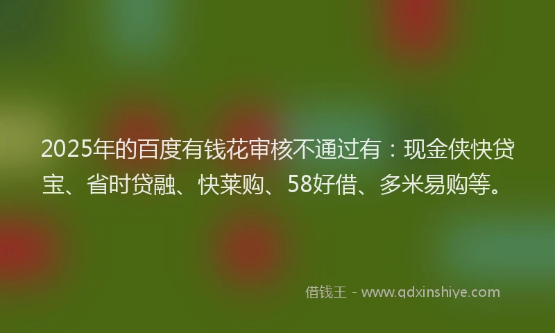 2025年的百度有钱花审核不通过有：现金侠快贷宝、省时贷融、快莱购、58好借、多米易购等。