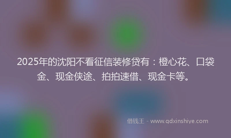2025年的沈阳不看征信装修贷有：橙心花、口袋金、现金侠途、拍拍速借、现金卡等。