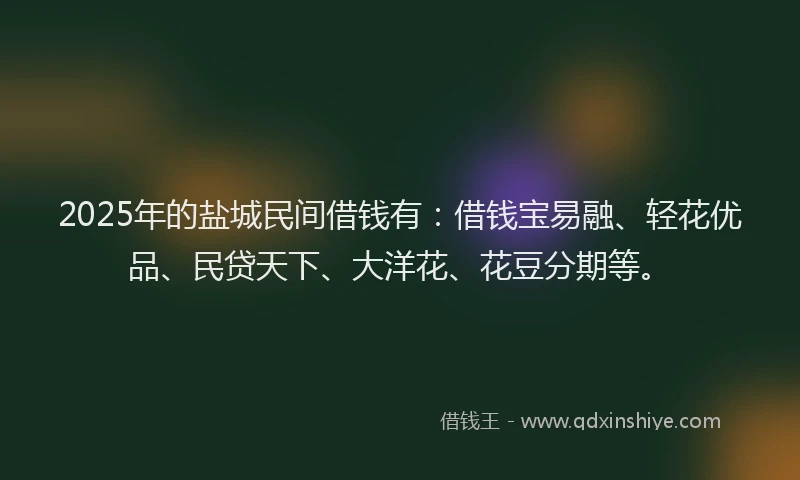 2025年的盐城民间借钱有：借钱宝易融、轻花优品、民贷天下、大洋花、花豆分期等。