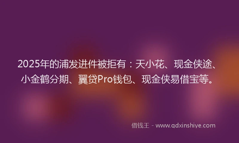 2025年的浦发进件被拒有：天小花、现金侠途、小金鹤分期、翼贷Pro钱包、现金侠易借宝等。