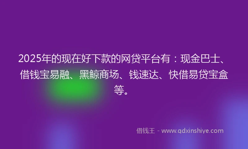 2025年的现在好下款的网贷平台有：现金巴士、借钱宝易融、黑鲸商场、钱速达、快借易贷宝盒等。