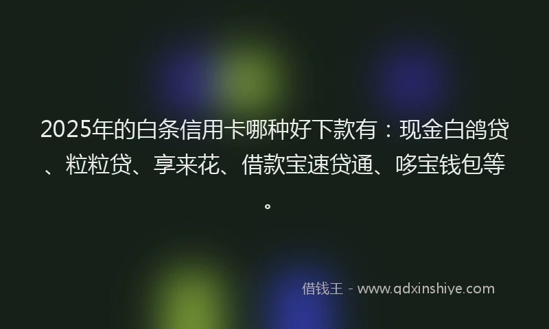 2025年的白条信用卡哪种好下款有:现金白鸽贷、粒粒贷、享来花、借款宝速贷通、哆宝钱包等。