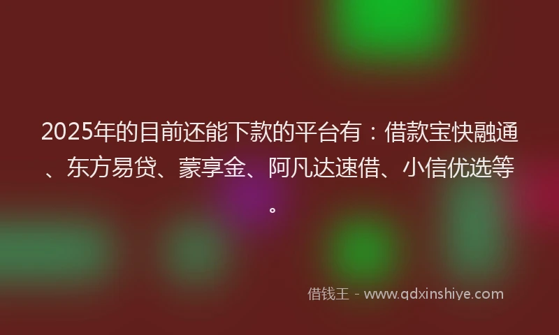 2025年的目前还能下款的平台有：借款宝快融通、东方易贷、蒙享金、阿凡达速借、小信优选等。