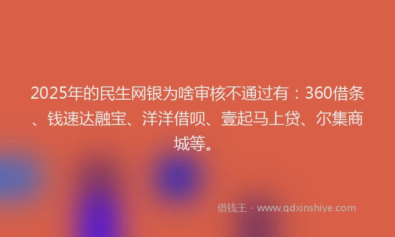 2025年的民生网银为啥审核不通过有：360借条、钱速达融宝、洋洋借呗、壹起马上贷、尔集商城等。
