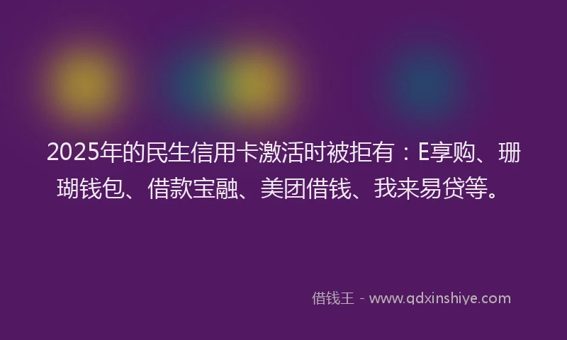 2025年的民生信用卡激活时被拒有：E享购、珊瑚钱包、借款宝融、美团借钱、我来易贷等。