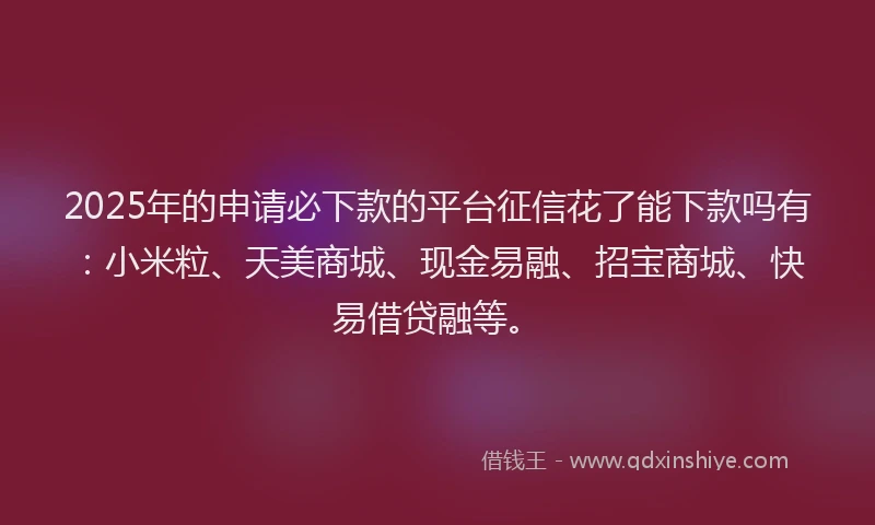 2025年的申请必下款的平台征信花了能下款吗有：小米粒、天美商城、现金易融、招宝商城、快易借贷融等。