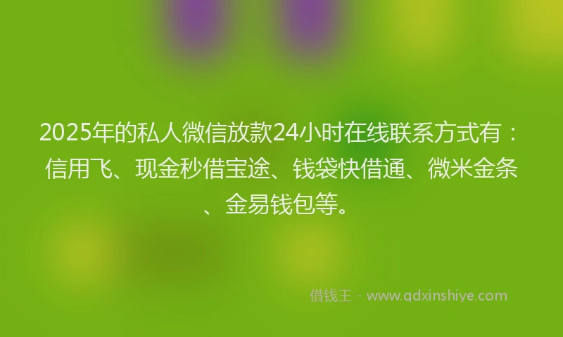 2025年的私人微信放款24小时在线联系方式有：信用飞、现金秒借宝途、钱袋快借通、微米金条、金易钱包等。