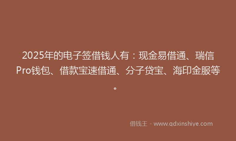 2025年的电子签借钱人有：现金易借通、瑞信Pro钱包、借款宝速借通、分子贷宝、海印金服等。