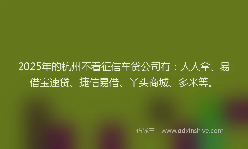 2025年的杭州不看征信车贷公司有：人人拿、易借宝速贷、捷信易借、丫头商城、多米等。