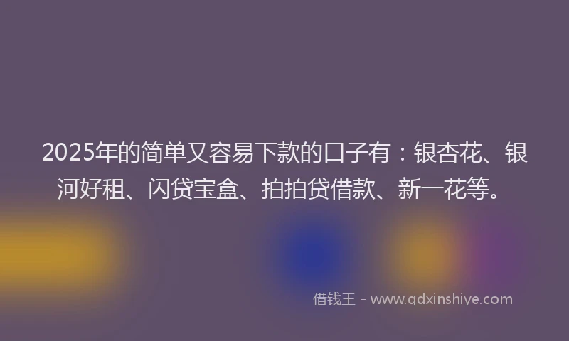 2025年的简单又容易下款的口子有：银杏花、银河好租、闪贷宝盒、拍拍贷借款、新一花等。