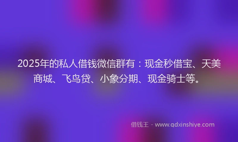 2025年的私人借钱微信群有：现金秒借宝、天美商城、飞鸟贷、小象分期、现金骑士等。