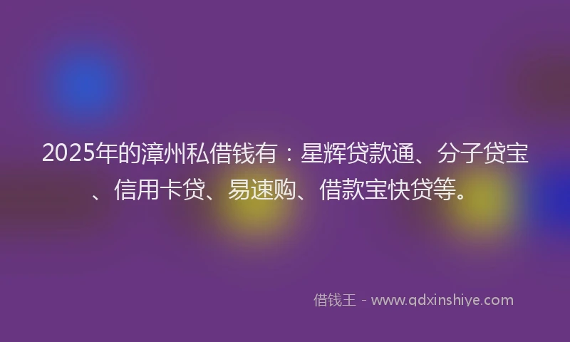 2025年的漳州私借钱有：星辉贷款通、分子贷宝、信用卡贷、易速购、借款宝快贷等。