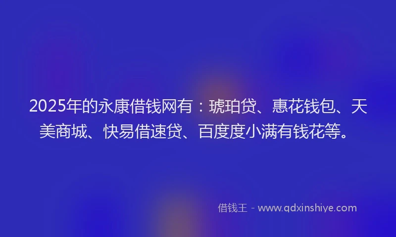 2025年的永康借钱网有：琥珀贷、惠花钱包、天美商城、快易借速贷、百度度小满有钱花等。