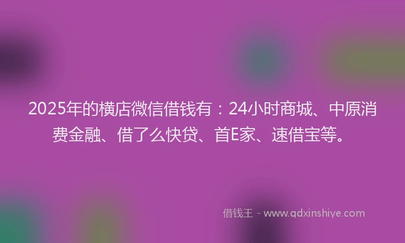 2025年的横店微信借钱有：24小时商城、中原消费金融、借了么快贷、首E家、速借宝等。
