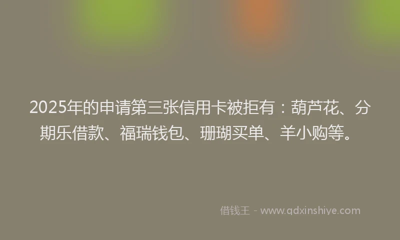 2025年的申请第三张信用卡被拒有：葫芦花、分期乐借款、福瑞钱包、珊瑚买单、羊小购等。
