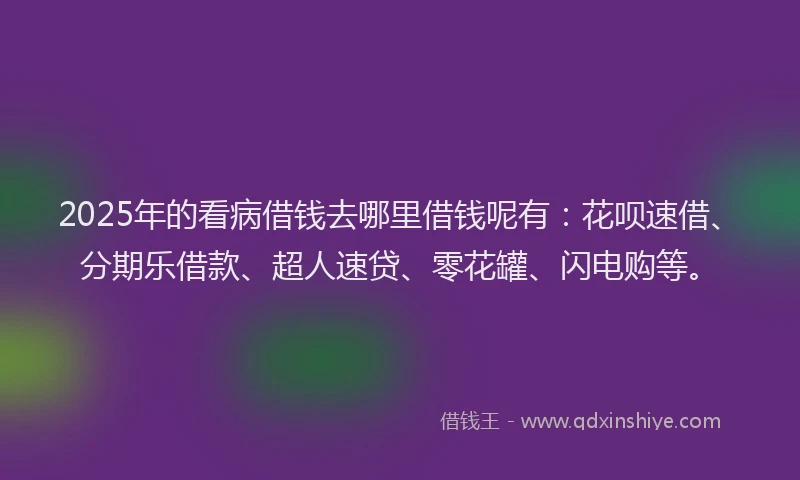 2025年的看病借钱去哪里借钱呢有：花呗速借、分期乐借款、超人速贷、零花罐、闪电购等。