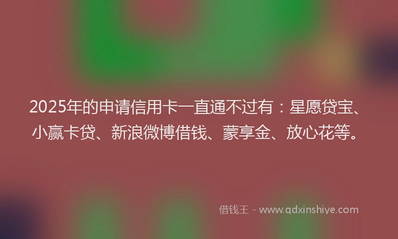 2025年的申请信用卡一直通不过有：星愿贷宝、小赢卡贷、新浪微博借钱、蒙享金、放心花等。