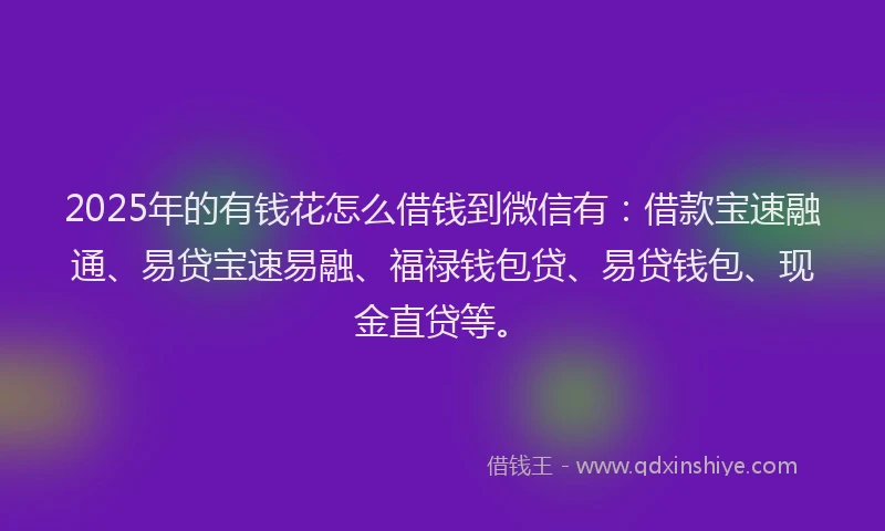 2025年的有钱花怎么借钱到微信有：借款宝速融通、易贷宝速易融、福禄钱包贷、易贷钱包、现金直贷等。