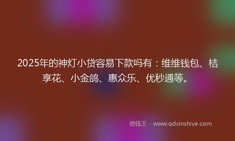 2025年的神灯小贷容易下款吗有：维维钱包、桔享花、小金鸽、惠众乐、优秒通等。