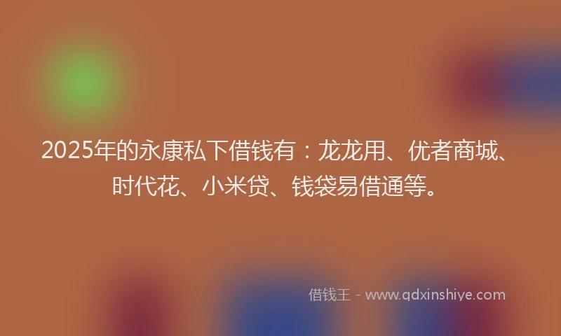 2025年的永康私下借钱有：龙龙用、优者商城、时代花、小米贷、钱袋易借通等。