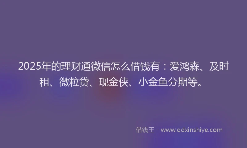 2025年的理财通微信怎么借钱有：爱鸿森、及时租、微粒贷、现金侠、小金鱼分期等。