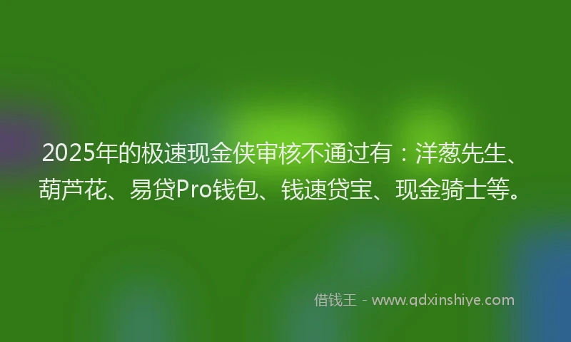 2025年的极速现金侠审核不通过有：洋葱先生、葫芦花、易贷Pro钱包、钱速贷宝、现金骑士等。