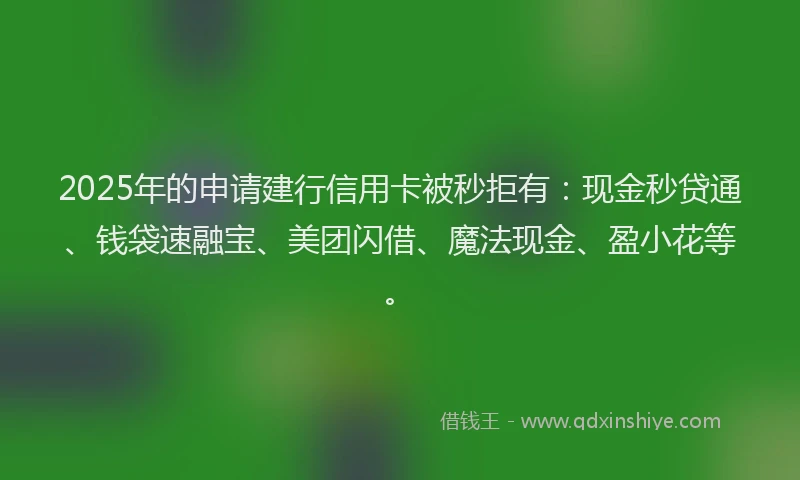 2025年的申请建行信用卡被秒拒有：现金秒贷通、钱袋速融宝、美团闪借、魔法现金、盈小花等。