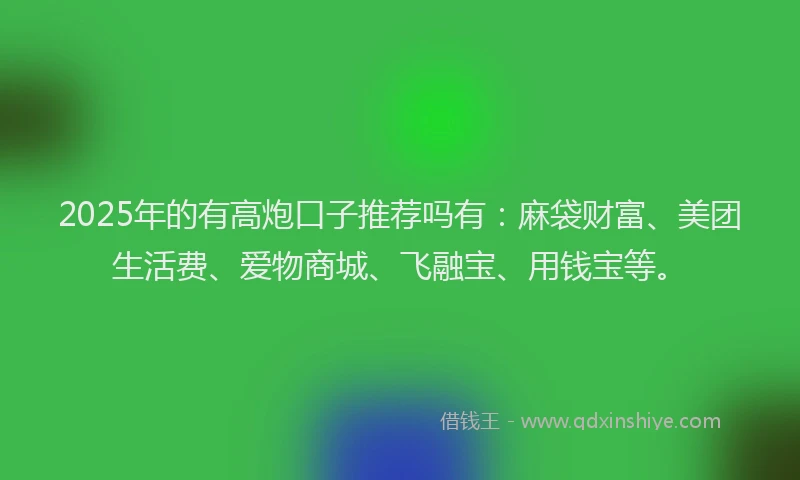 2025年的有高炮口子推荐吗有：麻袋财富、美团生活费、爱物商城、飞融宝、用钱宝等。