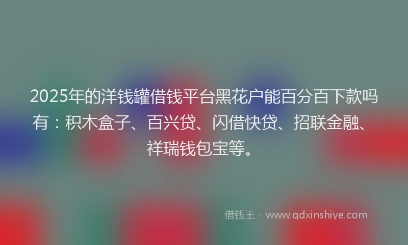 2025年的洋钱罐借钱平台黑花户能百分百下款吗有：积木盒子、百兴贷、闪借快贷、招联金融、祥瑞钱包宝等。