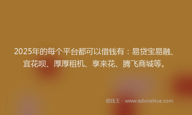 2025年的每个平台都可以借钱有：易贷宝易融、宜花呗、厚厚租机、享来花、腾飞商城等。
