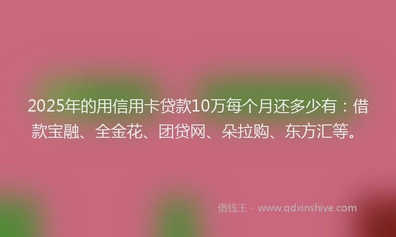 2025年的用信用卡贷款10万每个月还多少有：借款宝融、全金花、团贷网、朵拉购、东方汇等。