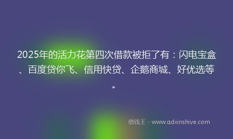 2025年的活力花第四次借款被拒了有：闪电宝盒、百度贷你飞、信用快贷、企鹅商城、好优选等。