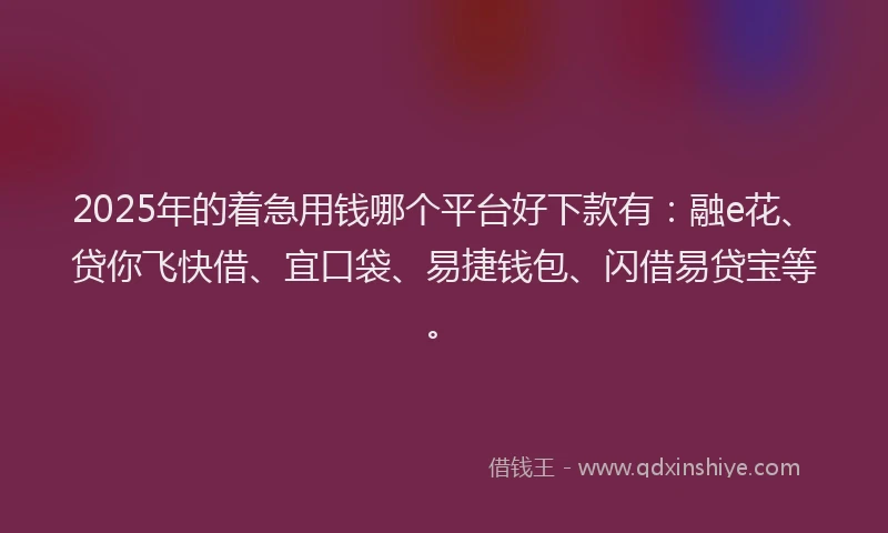 2025年的着急用钱哪个平台好下款有：融e花、贷你飞快借、宜口袋、易捷钱包、闪借易贷宝等。