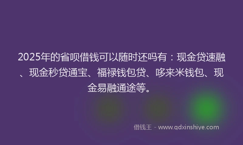 2025年的省呗借钱可以随时还吗有：现金贷速融、现金秒贷通宝、福禄钱包贷、哆来米钱包、现金易融通途等。