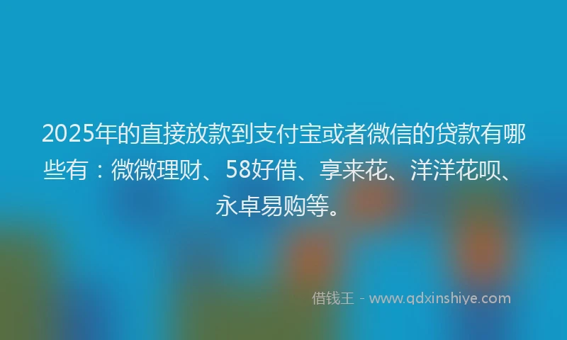 2025年的直接放款到支付宝或者微信的贷款有哪些有：微微理财、58好借、享来花、洋洋花呗、永卓易购等。