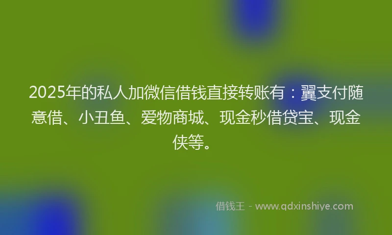 2025年的私人加微信借钱直接转账有：翼支付随意借、小丑鱼、爱物商城、现金秒借贷宝、现金侠等。