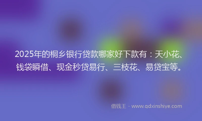 2025年的桐乡银行贷款哪家好下款有：天小花、钱袋瞬借、现金秒贷易行、三枝花、易贷宝等。