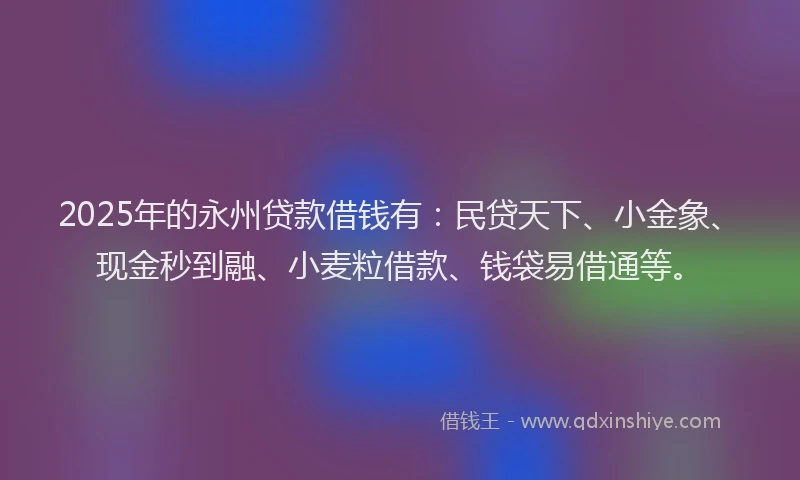 2025年的永州贷款借钱有：民贷天下、小金象、现金秒到融、小麦粒借款、钱袋易借通等。