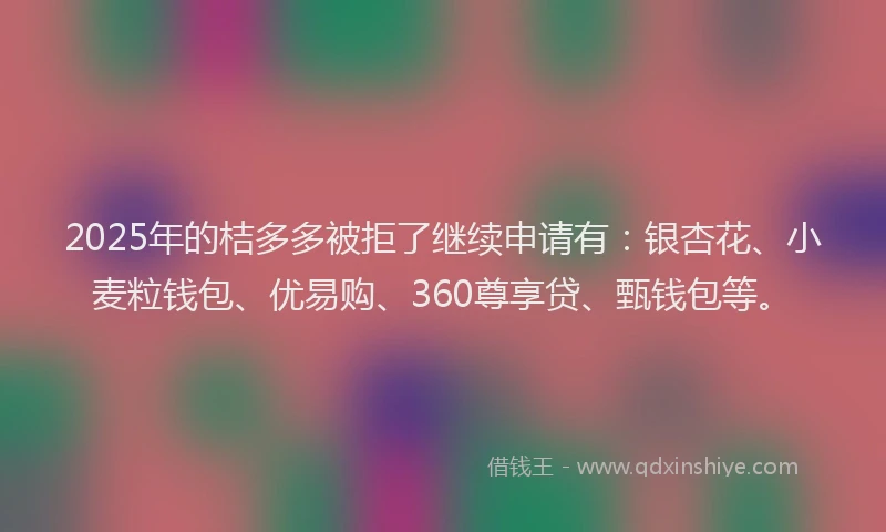 2025年的桔多多被拒了继续申请有：银杏花、小麦粒钱包、优易购、360尊享贷、甄钱包等。