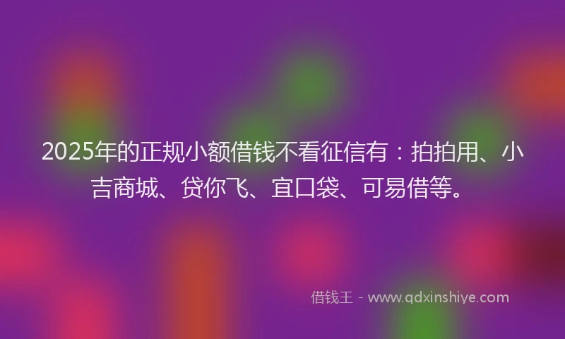2025年的正规小额借钱不看征信有：拍拍用、小吉商城、贷你飞、宜口袋、可易借等。