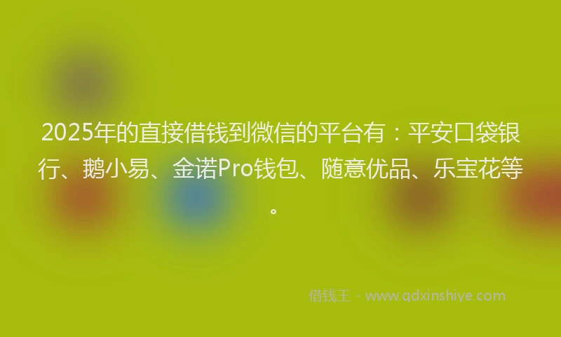 2025年的直接借钱到微信的平台有：平安口袋银行、鹅小易、金诺Pro钱包、随意优品、乐宝花等。