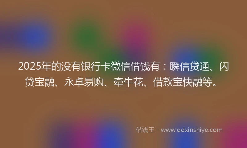 2025年的没有银行卡微信借钱有：瞬信贷通、闪贷宝融、永卓易购、牵牛花、借款宝快融等。