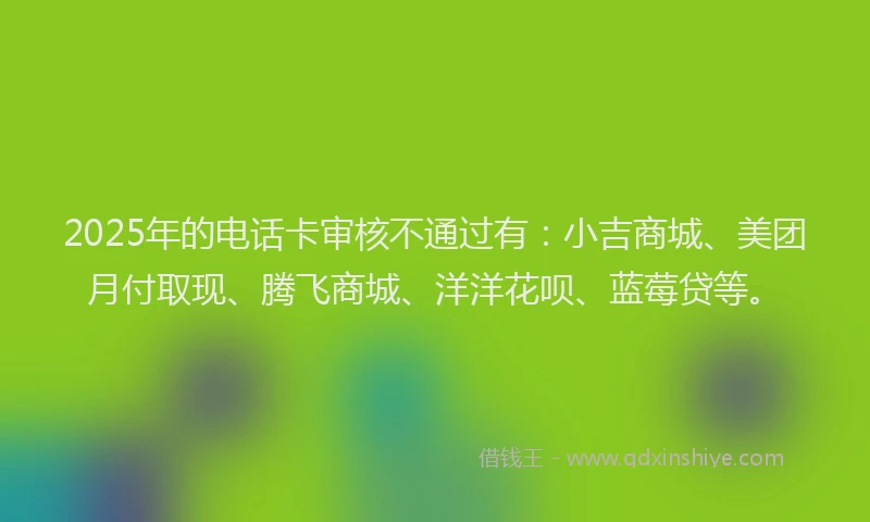 2025年的电话卡审核不通过有：小吉商城、美团月付取现、腾飞商城、洋洋花呗、蓝莓贷等。
