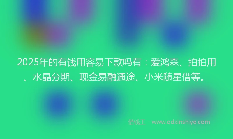 2025年的有钱用容易下款吗有：爱鸿森、拍拍用、水晶分期、现金易融通途、小米随星借等。