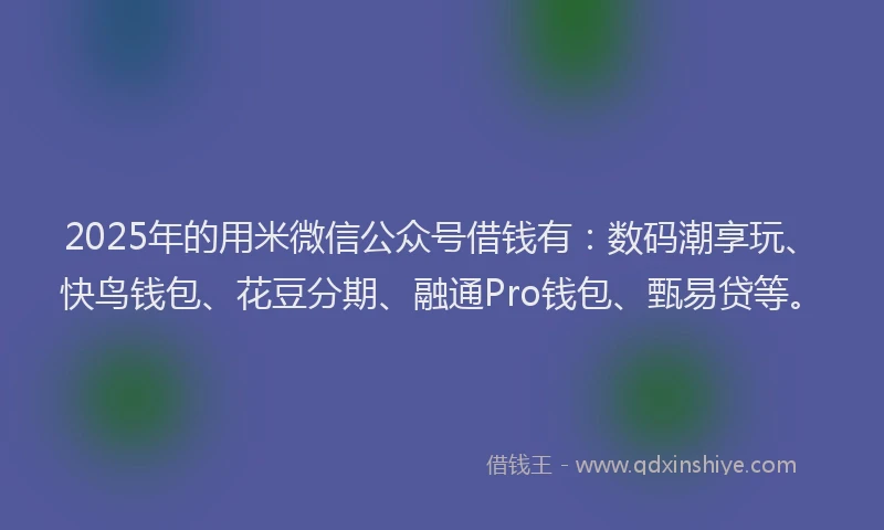 2025年的用米微信公众号借钱有：数码潮享玩、快鸟钱包、花豆分期、融通Pro钱包、甄易贷等。